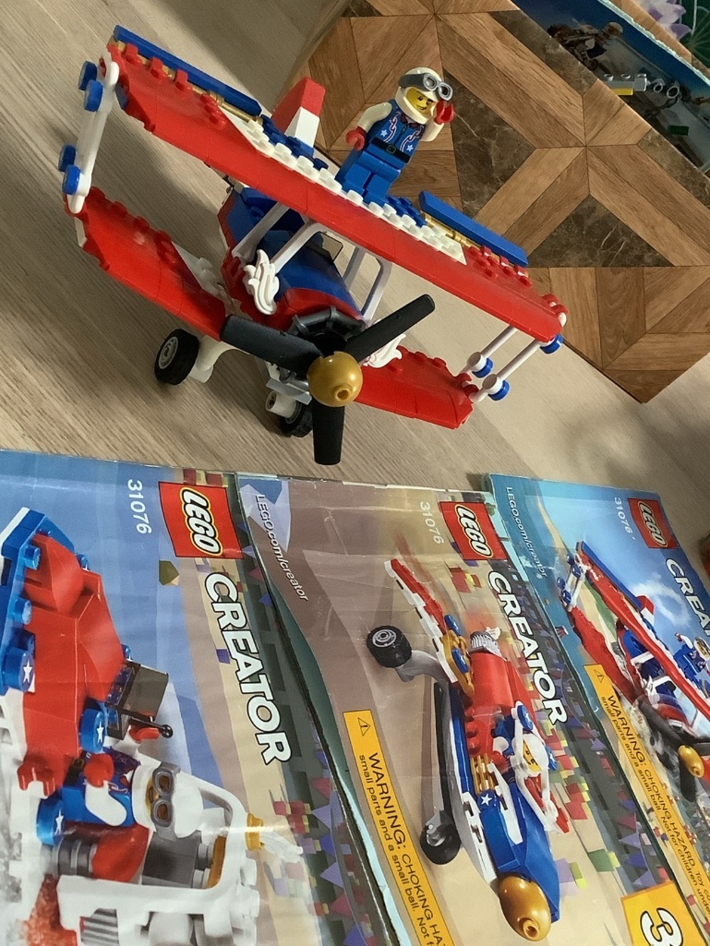 Lego red blue and white biplane with pilot minifigure